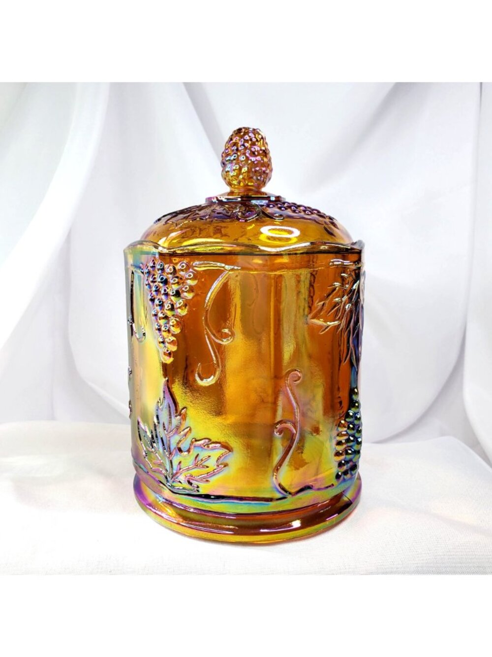 VTG Marigold Carnival Glass Canister Jar & Lid 7" Harvest Grape Indiana Glass - Picture 14 of 16